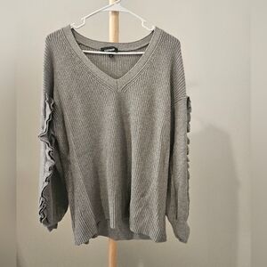 Express Gray V-Neck Sweater with Ruffle Detail